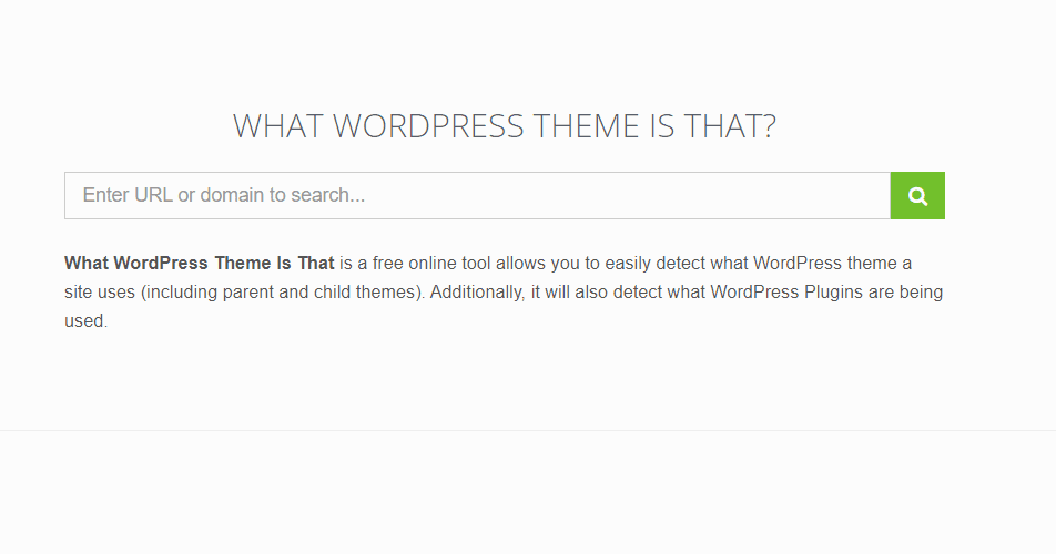 What WordPress Theme Is That detector showing theme and plugin results for a WordPress site