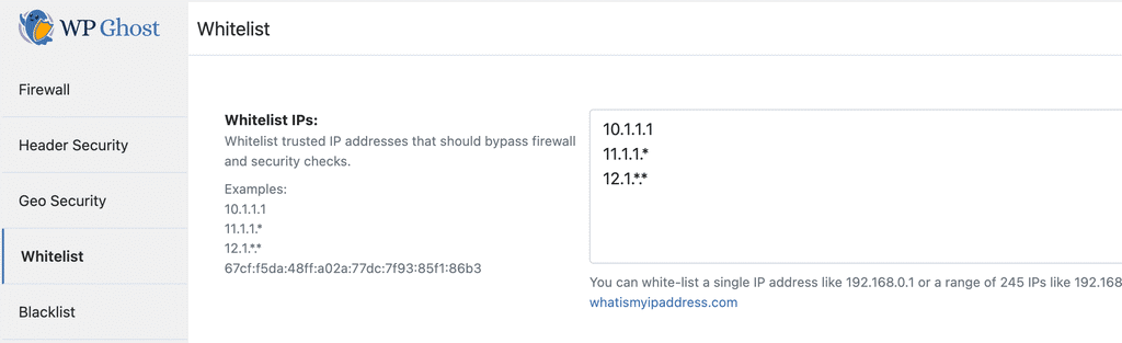 WP Ghost Whitelist panel showing IP whitelist and path whitelist options