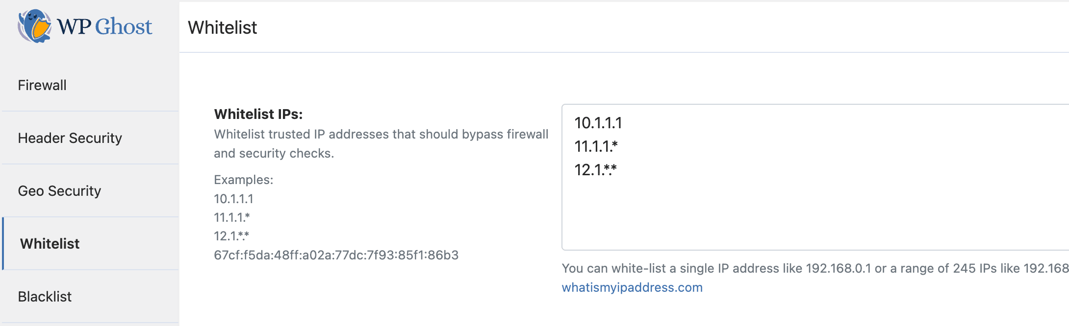 WP Ghost Firewall Whitelist IP settings showing the IP address input field and whitelist level options