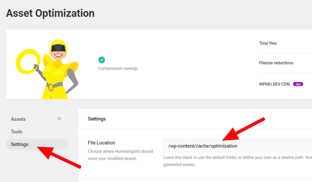 Hummingbird Assets Optimization Settings showing custom cache directory option