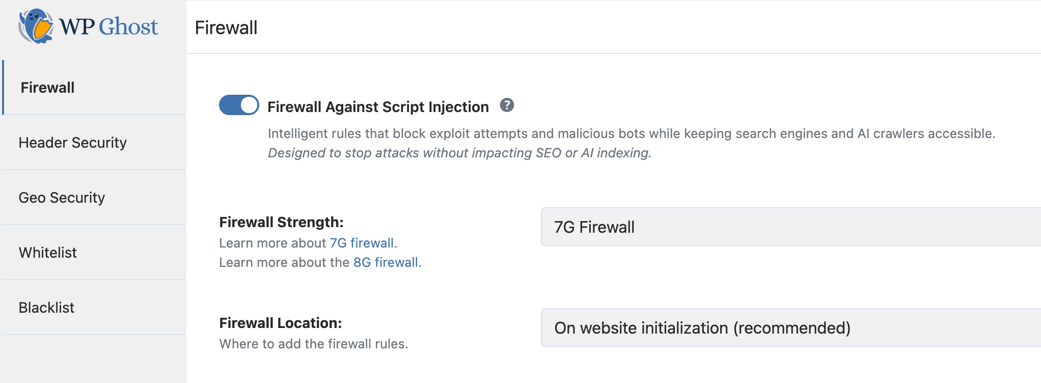 7G Firewall protection settings in WP Ghost showing the firewall strength selector with Minimal, Medium, 7G, and 8G options