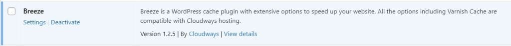 Breeze cache plugin installed alongside WP Ghost in the WordPress plugins list