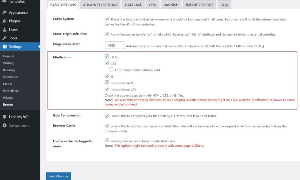 WP Ghost Tweaks showing Change Paths in Cached Files enabled for Breeze compatibility