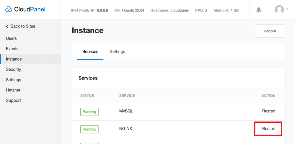 Cloud Panel admin interface showing the Nginx restart option under Services