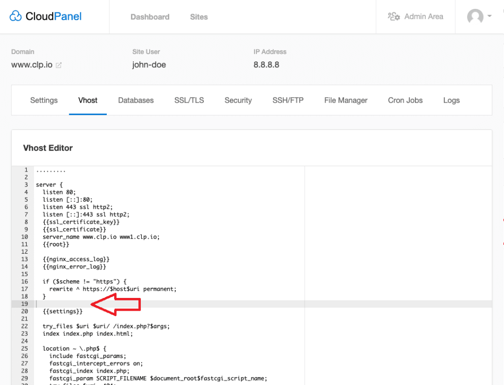 Cloud Panel Vhost editor showing the include directive added above the settings line