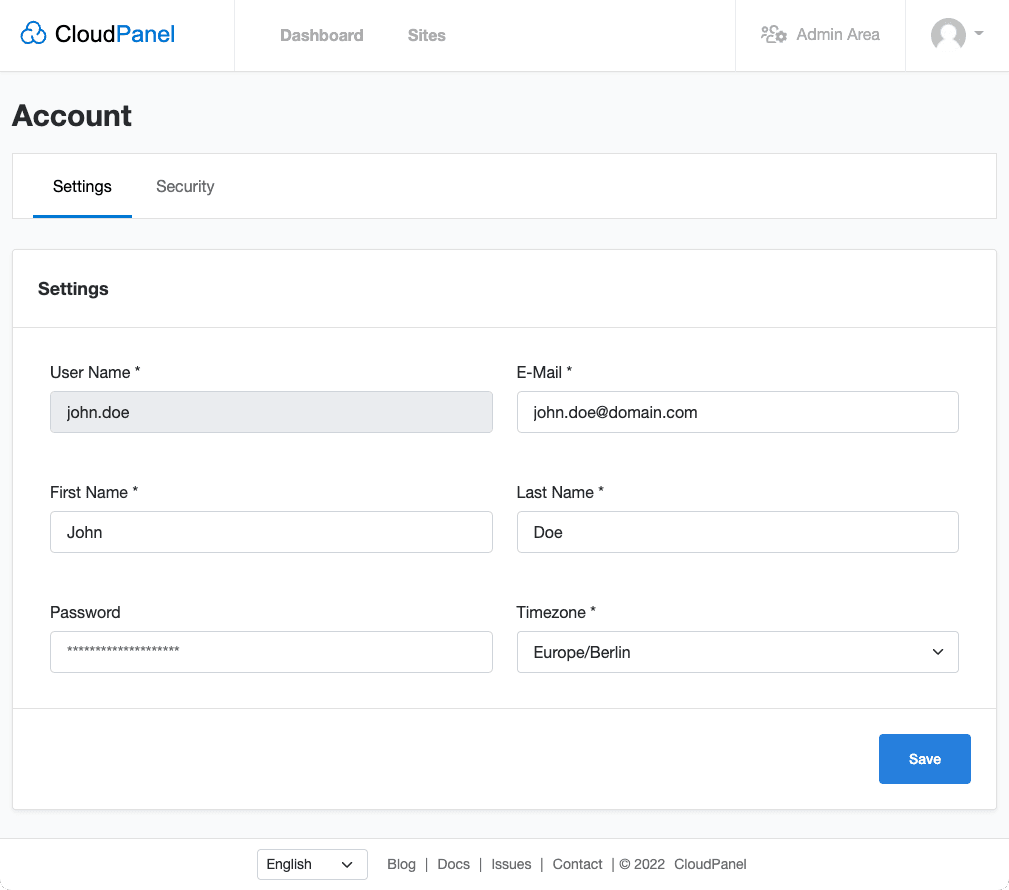 Cloud Panel server dashboard showing a WordPress site ready for WP Ghost installation
