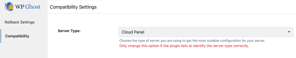 WP Ghost Advanced Compatibility settings with Cloud Panel selected as the server type