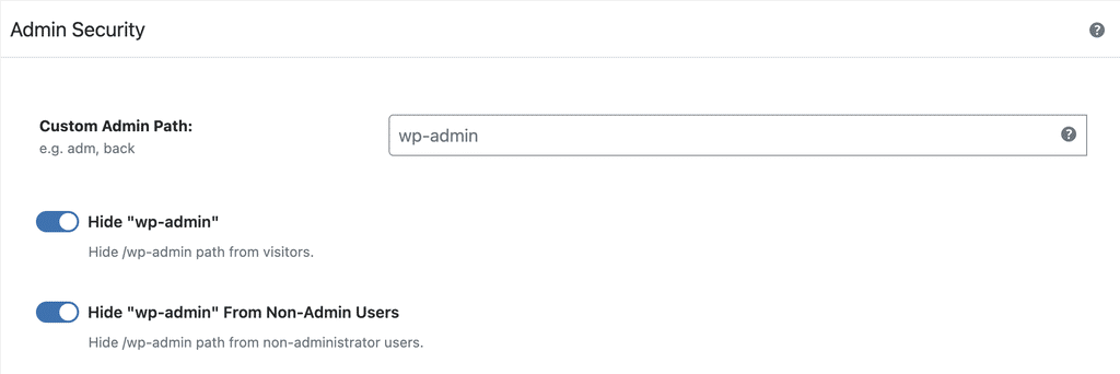 WP Ghost Admin Security showing default wp-admin path with Hide option enabled as fallback