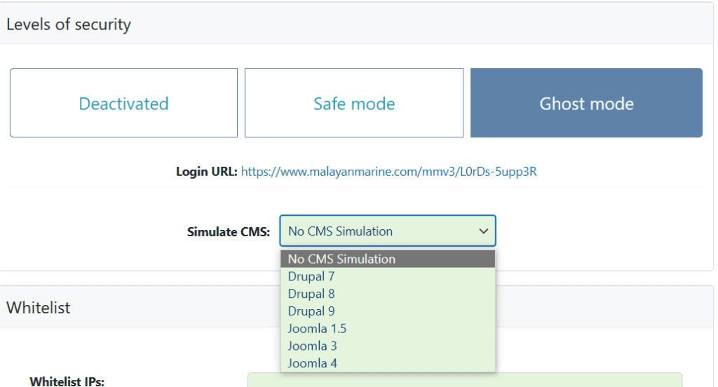WP Ghost CMS Simulator dropdown in Tweaks showing Drupal and Joomla version options