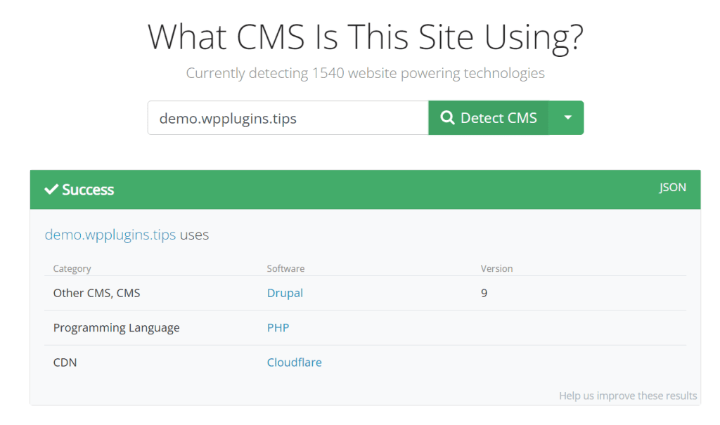 CMS detection tool showing Joomla detected on a WordPress site running WP Ghost CMS Simulator