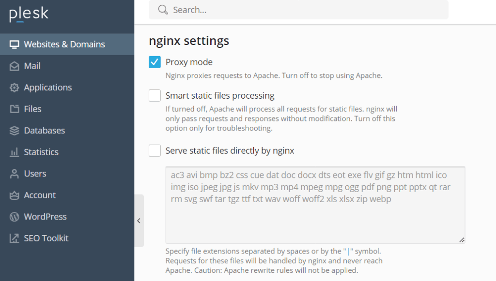 Plesk Apache and Nginx settings configured for Apache-only content handling with Proxy mode enabled