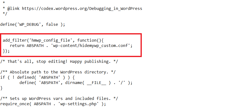 wp-config.php file with the hmwp_config_file filter added after WP_DEBUG