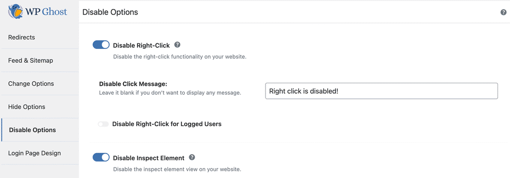 WP Ghost Disable Right Click option in Tweaks Disable Options settings panel