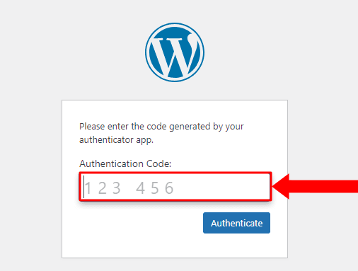 WP Ghost login page showing the 2FA code entry field after password authentication