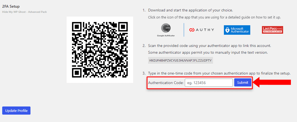 WP Ghost verification code entry field for authenticator app setup