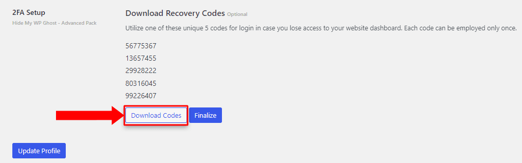 WP Ghost backup codes generation and download screen for 2FA Code method