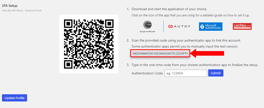 WP Ghost QR code and text key for authenticator app setup with Step 1 and Step 2 labels