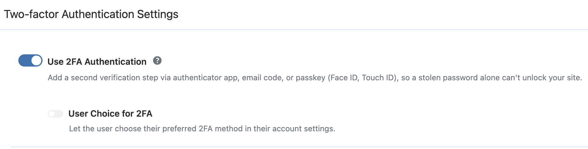 WP Ghost Use 2FA Authentication toggle in the 2FA Login Settings panel