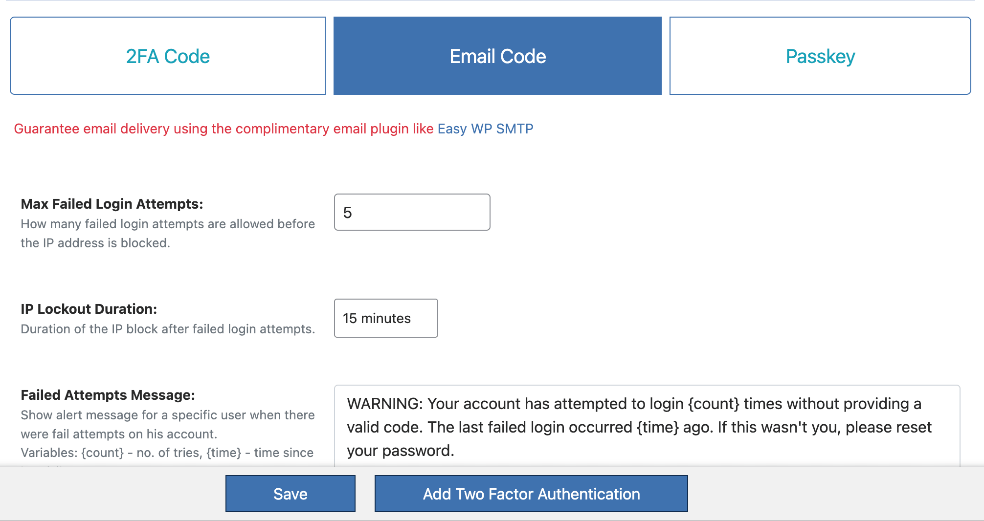 WP Ghost Add Two-Factor Authentication button for the Email Code method