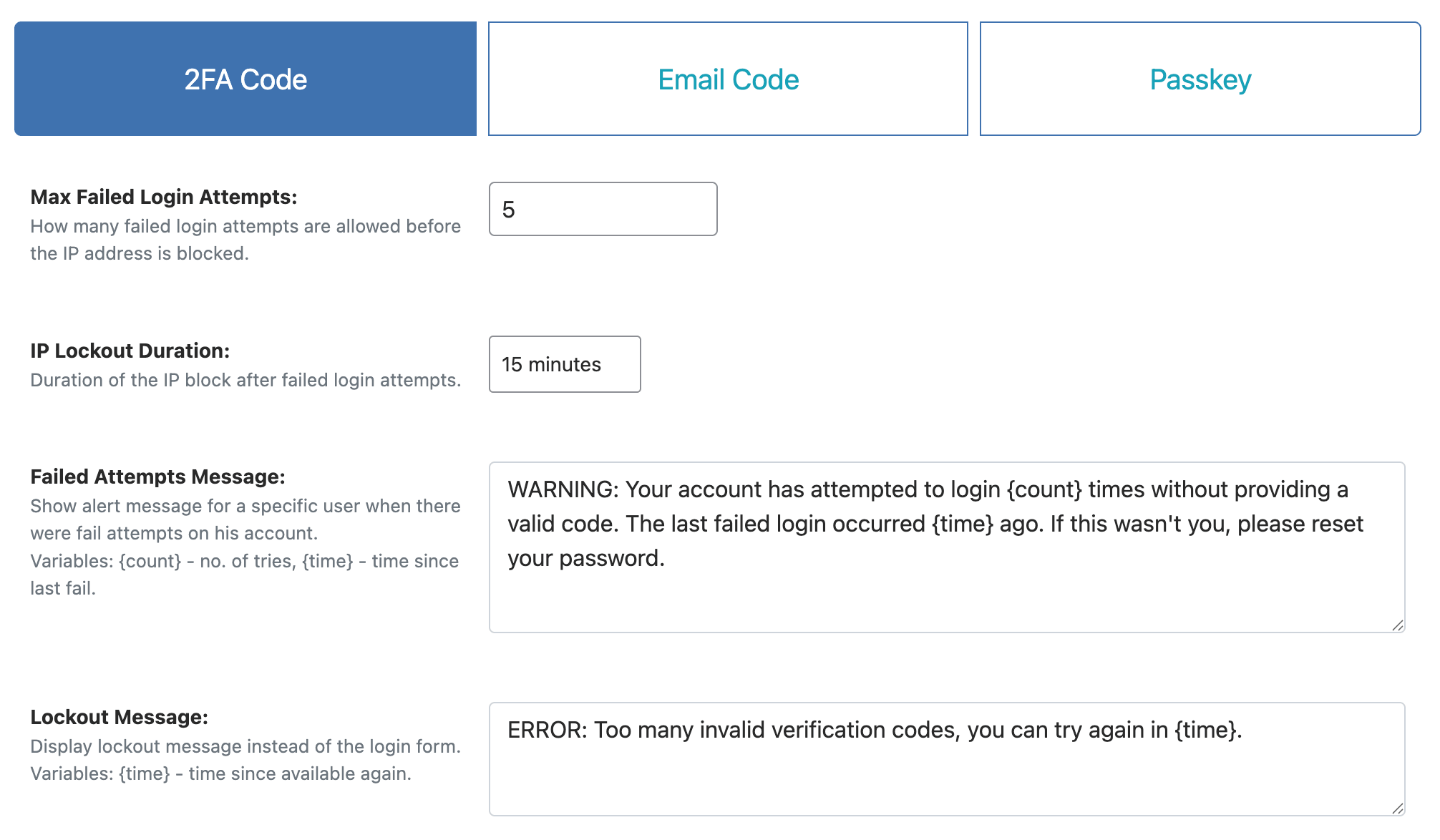 WP Ghost 2FA method selection showing Code, Email Code, and Passkey options