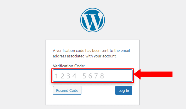 WP Ghost login page showing the email verification code entry field