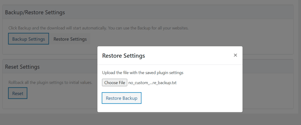 WP Ghost Backup and Restore screen showing the option to restore a pre-built no-rewrite configuration