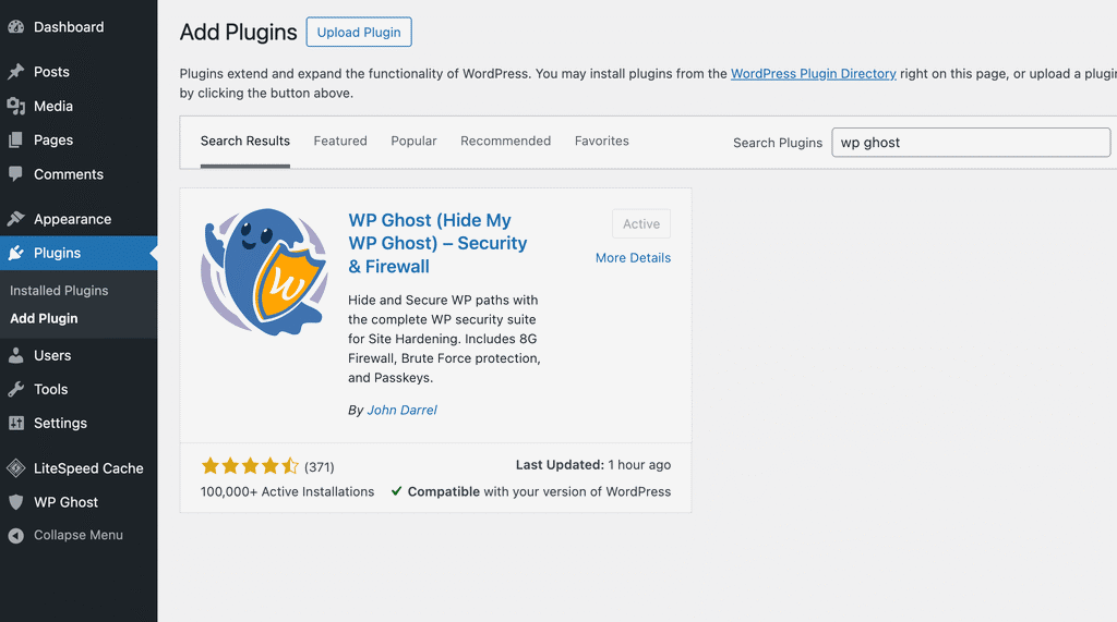 Installing a security plugin in the WordPress dashboard using the Add New Plugin screen