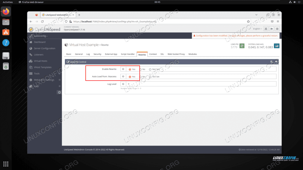 OpenLiteSpeed Virtual Host Rewrite settings with Enable Rewrite and Auto Load from htaccess both set to Yes