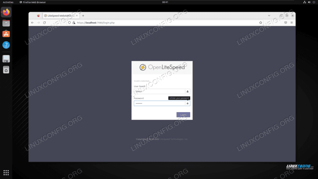 OpenLiteSpeed web admin panel login page at port 7080