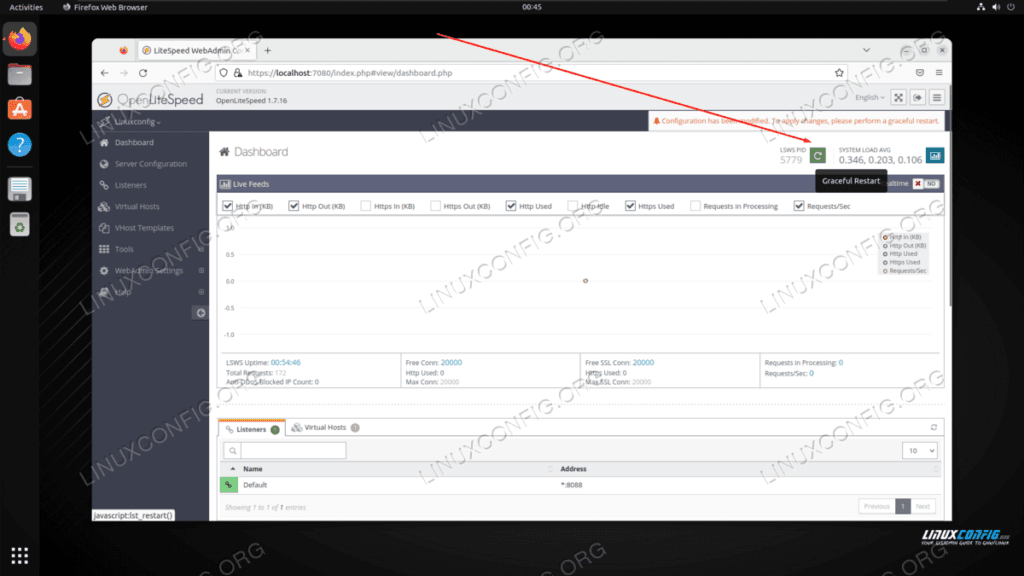 OpenLiteSpeed admin panel graceful restart button to apply htaccess configuration changes