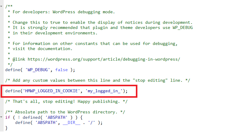 wp-config.php file open in a code editor showing the WP_DEBUG line where the constant should be added