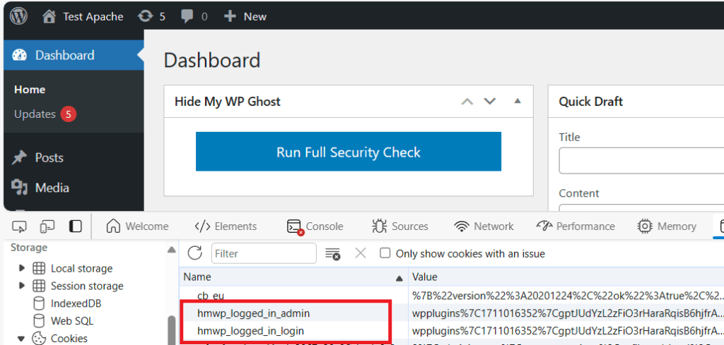 WP Ghost cookie prefix shown in browser developer tools with default hmwp_logged_in value