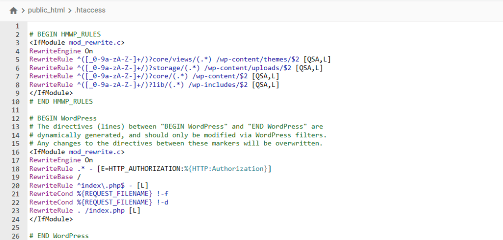 Apache .htaccess file with redirect rules mapping custom WP Ghost paths back to default WordPress paths
