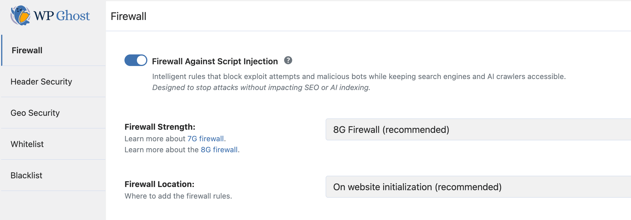 WP Ghost firewall level selection showing Minimal, Medium, 7G, and 8G Firewall options