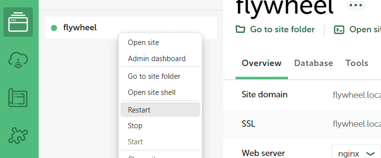 Local by Flywheel panel showing the restart button for the site
