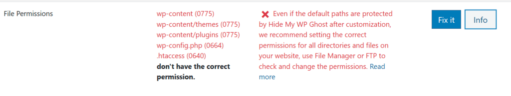 WP Ghost Security Check showing a file permission issue flagged with a Fix it button