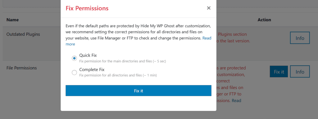 WP Ghost permission fix options showing choices for all directories and files or main directories only