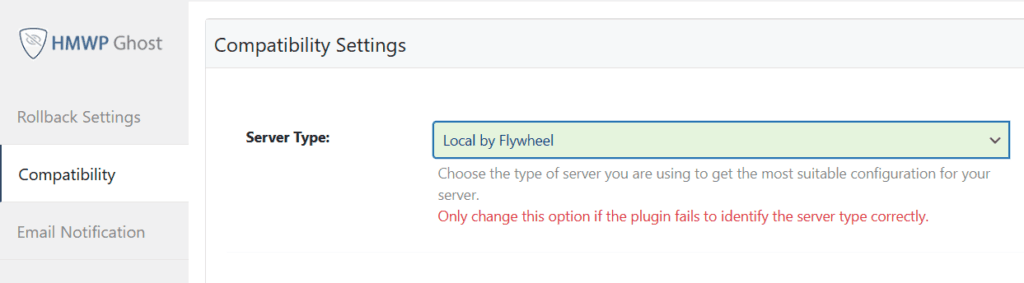 WP Ghost Advanced Compatibility settings with Local by Flywheel server type selected