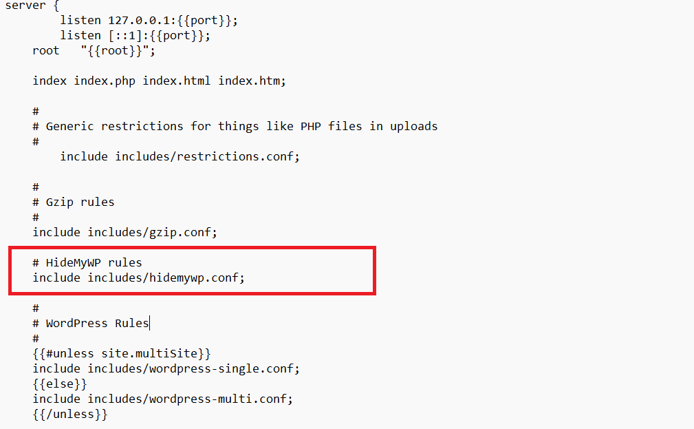 site.conf.hbs file showing the include line added before WordPress rewrite rules