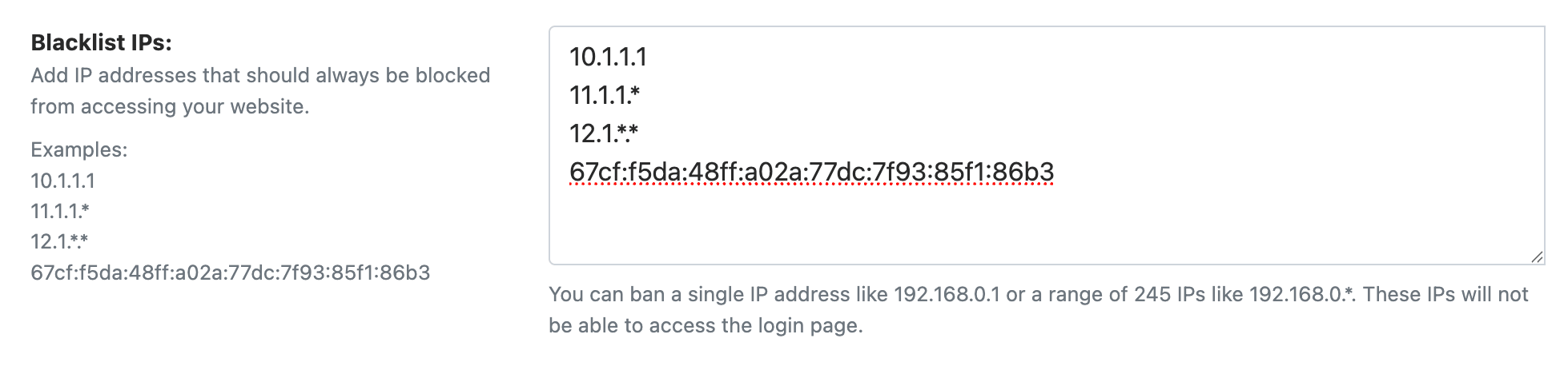 WP Ghost Blacklist IP field for permanently banning malicious IP addresses