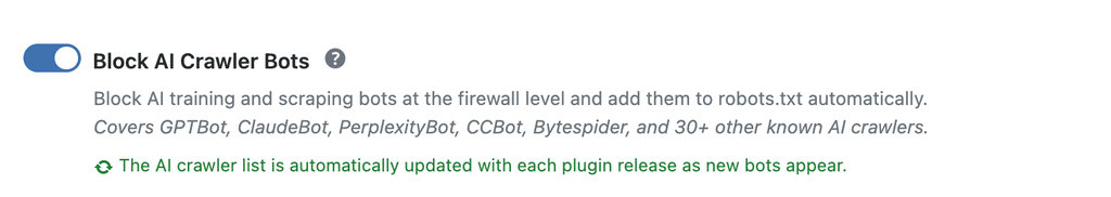 WP Ghost Block AI Crawlers toggle in Header Security settings