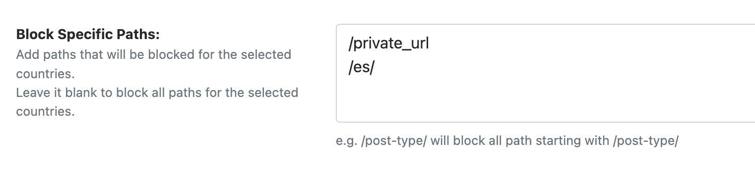 WP Ghost Block Specific Paths field for path-based country blocking