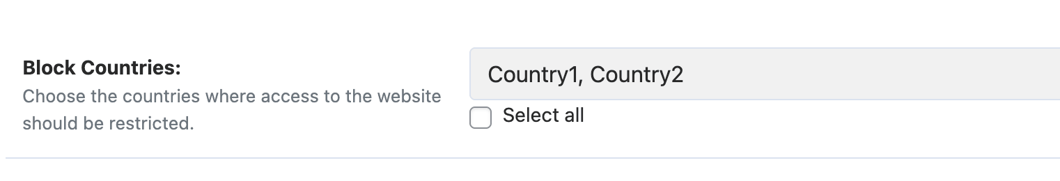 WP Ghost Blocked Countries selection showing country search and selection interface