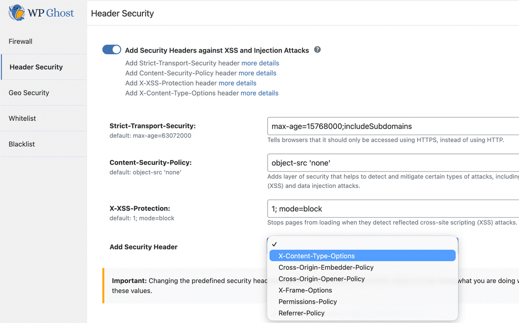 WP Ghost security headers toggle to add protection against XSS and code injection attacks