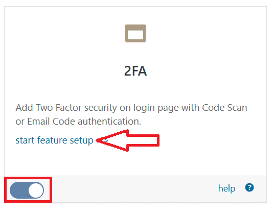 WP Ghost Overview Features panel showing the 2FA toggle and Start Feature Setup button