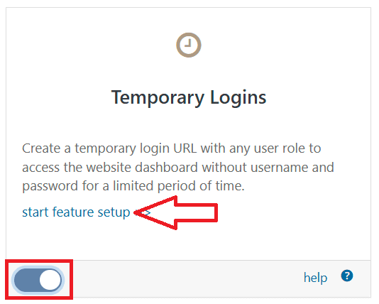 WP Ghost Overview Features panel showing the Temporary Logins toggle and Start Feature Setup button