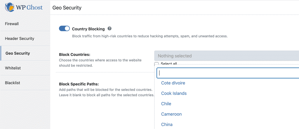 WP Ghost Geo Security panel showing the country blocking interface and world map