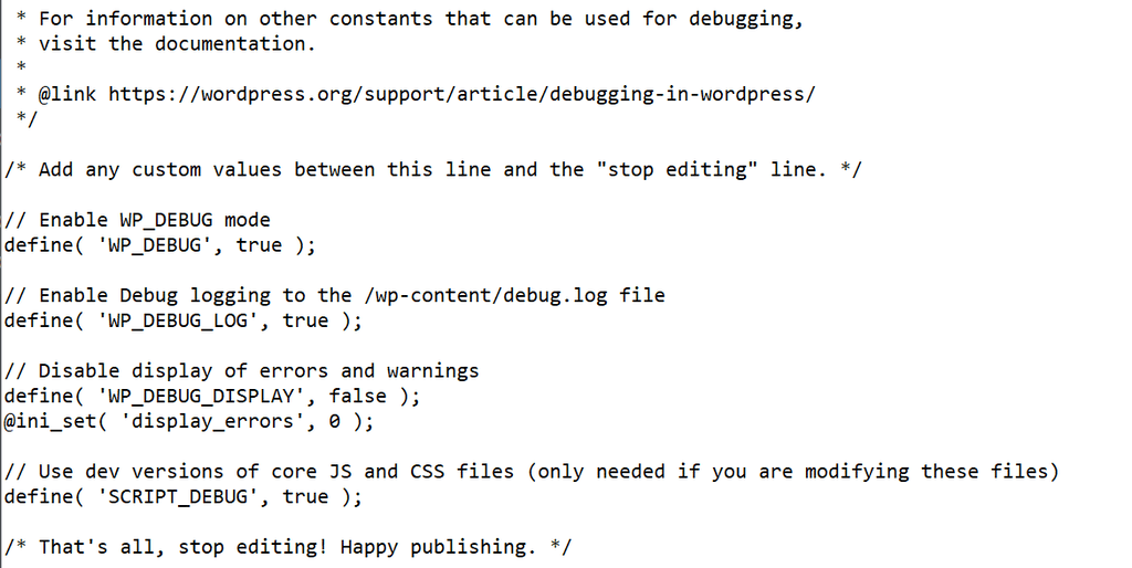 wp-config.php file showing WP_DEBUG, WP_DEBUG_LOG, WP_DEBUG_DISPLAY, and SCRIPT_DEBUG constants added for debugging