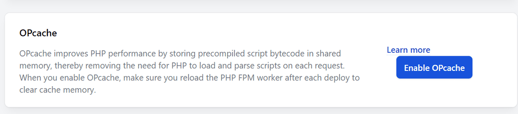 Ploi.io server settings showing OPCache toggle that should be disabled during WP Ghost configuration