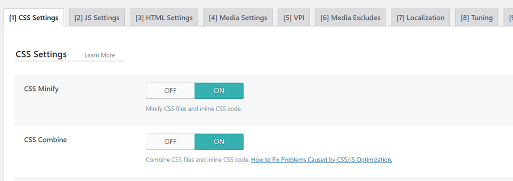 LiteSpeed Page Optimization CSS/JS minification settings